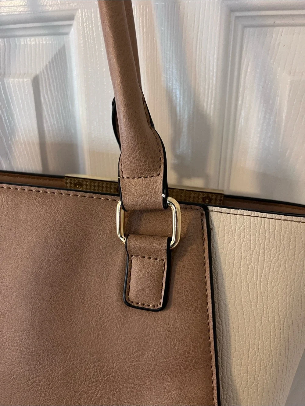 Adrienne Vittadini Taupe and Cream Shoulder Tote with Pom Charm Tan Work Bag